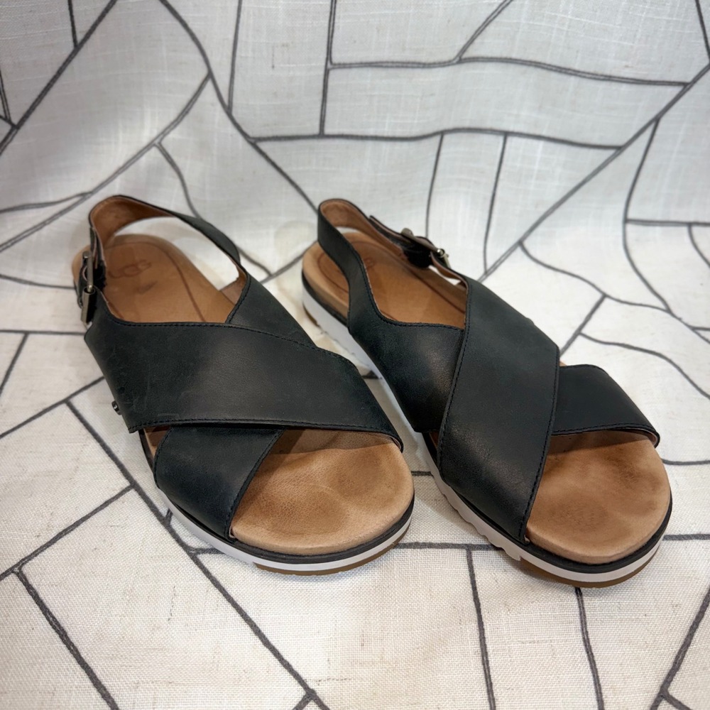 UGG Kari Slingback Sandals 7.5 Black Leather Crisscross Platform 1092259